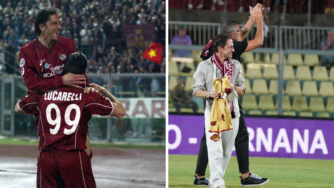 Cristiano Lucarelli e Igor Protti dopo un gol col Livorno (Pentafoto 2004), a destra i due ex compagni al Picchi nei giorni scorsi (Foto Stick)