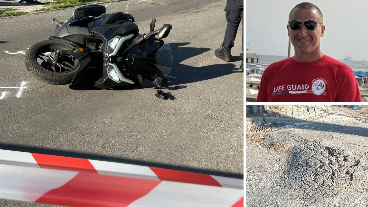 La moto e la strada dissestata (foto Paglianti) e il 52enne scomparso