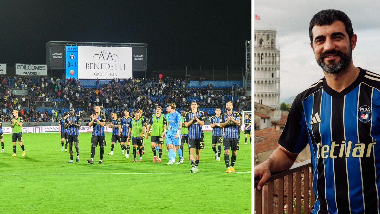 Albiol (foto Pisa Sc) e la squadra dopo il match con la Roma (foto Stick)