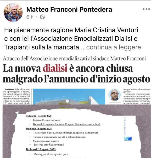 Sulla dialisi il sindaco di Pontedera chiede scusa: «Ora però si apra al più presto»