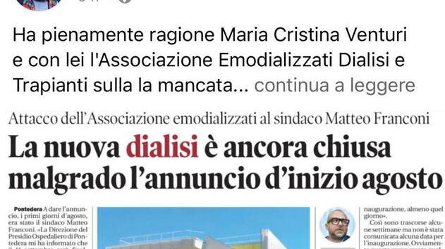 Sulla dialisi il sindaco di Pontedera chiede scusa: «Ora però si apra al più presto»