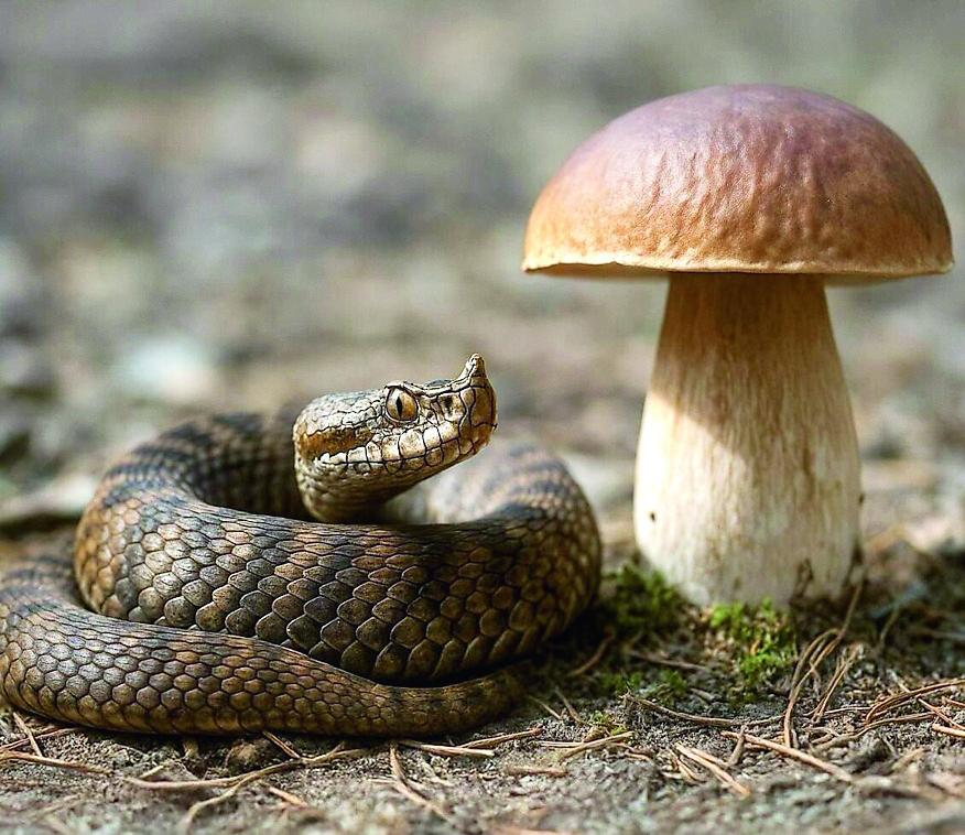 
	Il&nbsp;fotomontaggio di una vipera accanto a un porcino

