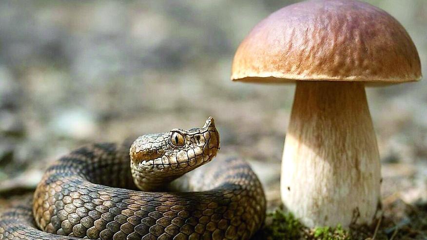 Il fotomontaggio di una vipera accanto a un porcino