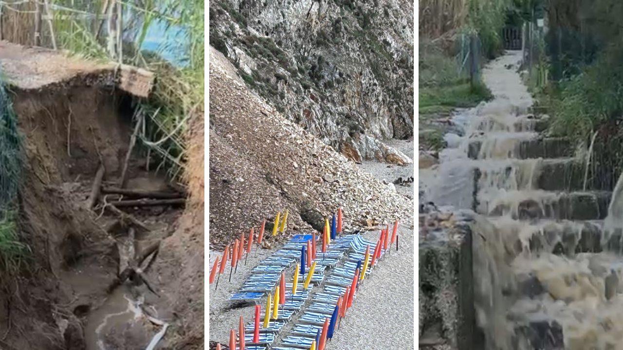 Da sx la voragine sul sentiero per Sansone, la frana vicino agli ombrelloni e la "cascata" d'acqua che arriva sulla spiaggia