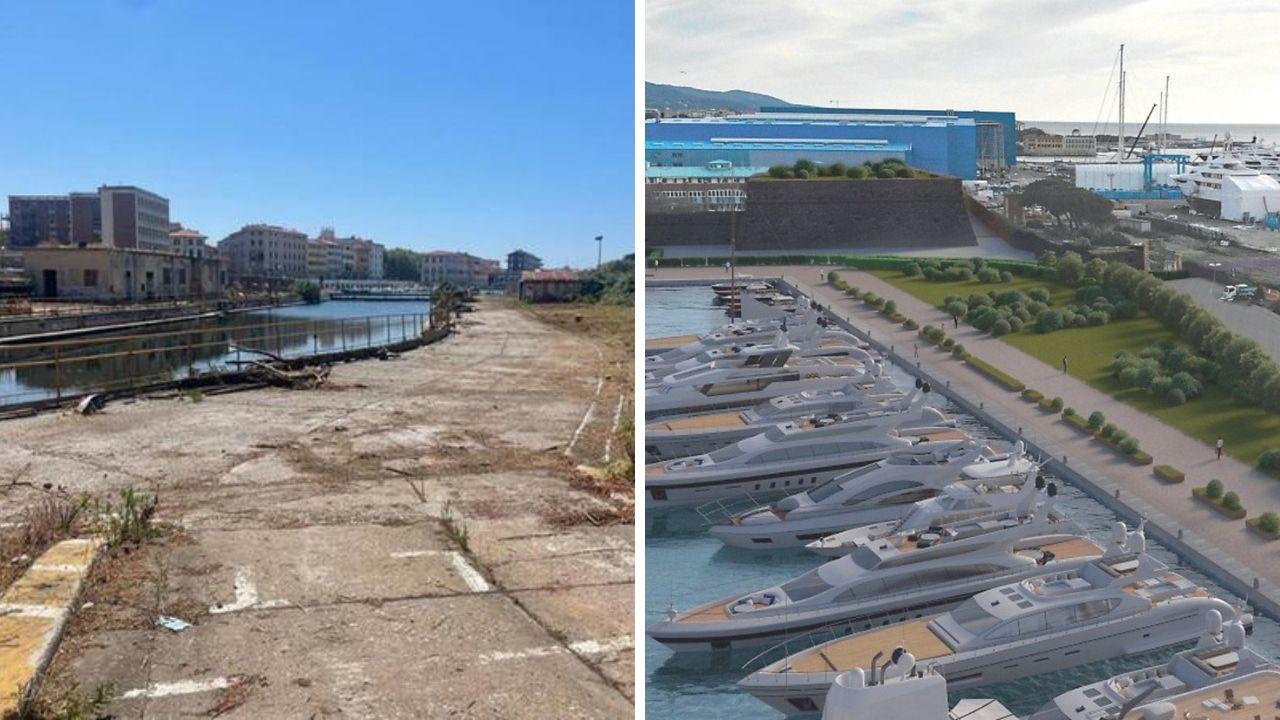 
	A dx i Bacino Piccolo com'&egrave; oggi, a dx un rendering della nuova marina

