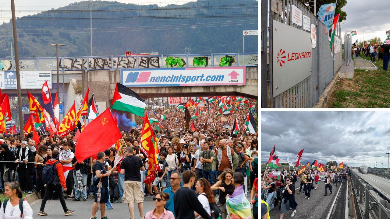 Da sx il corteo a Calenzano, la tensione davanti alla Leonardo e i manifestanti sulla FiPiLi