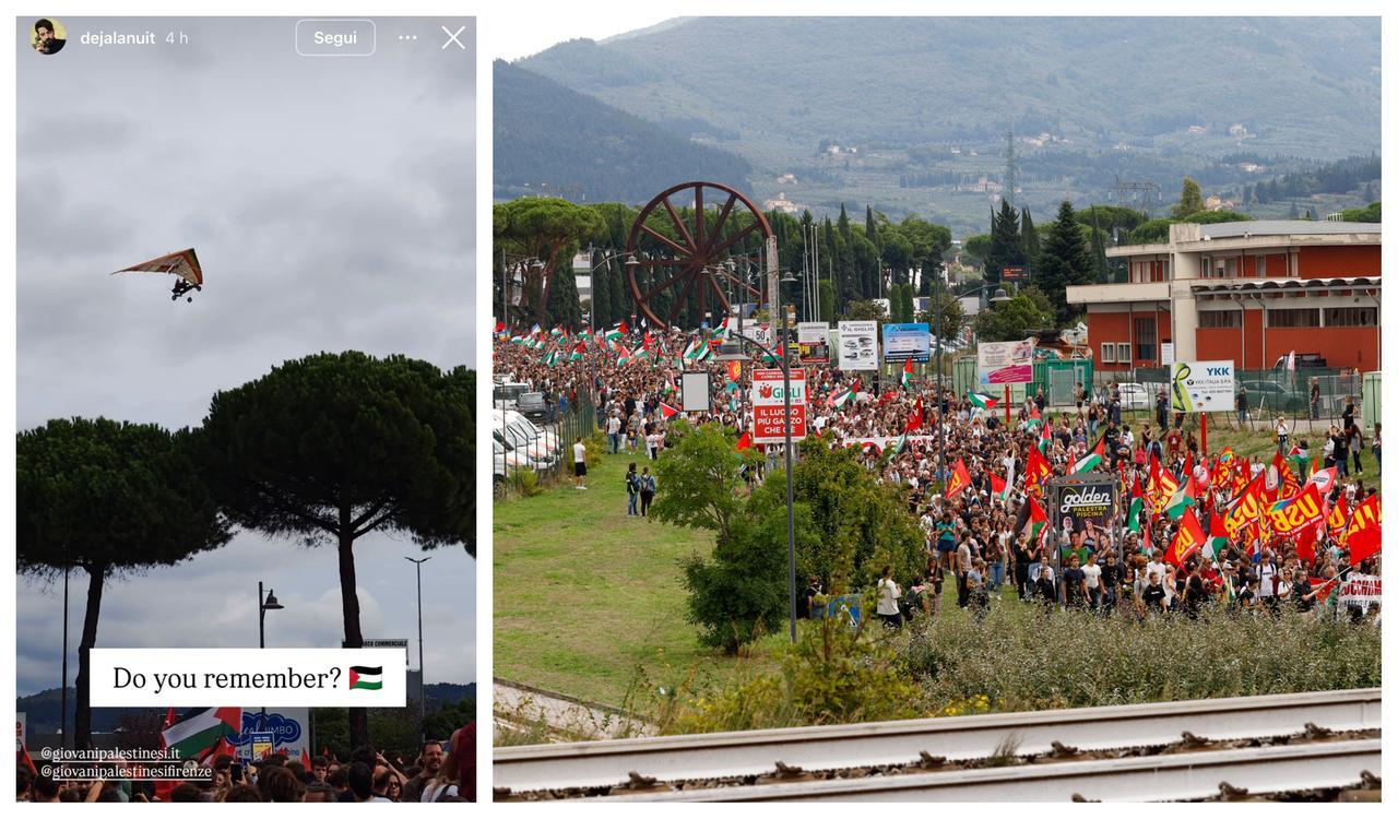 Firenze, deltaplano sopra il corteo pro Gaza a Calenzano: polemica sul riferimento al 7 ottobre. Gli organizzatori: «Evoca Hamas? Non scherziamo»