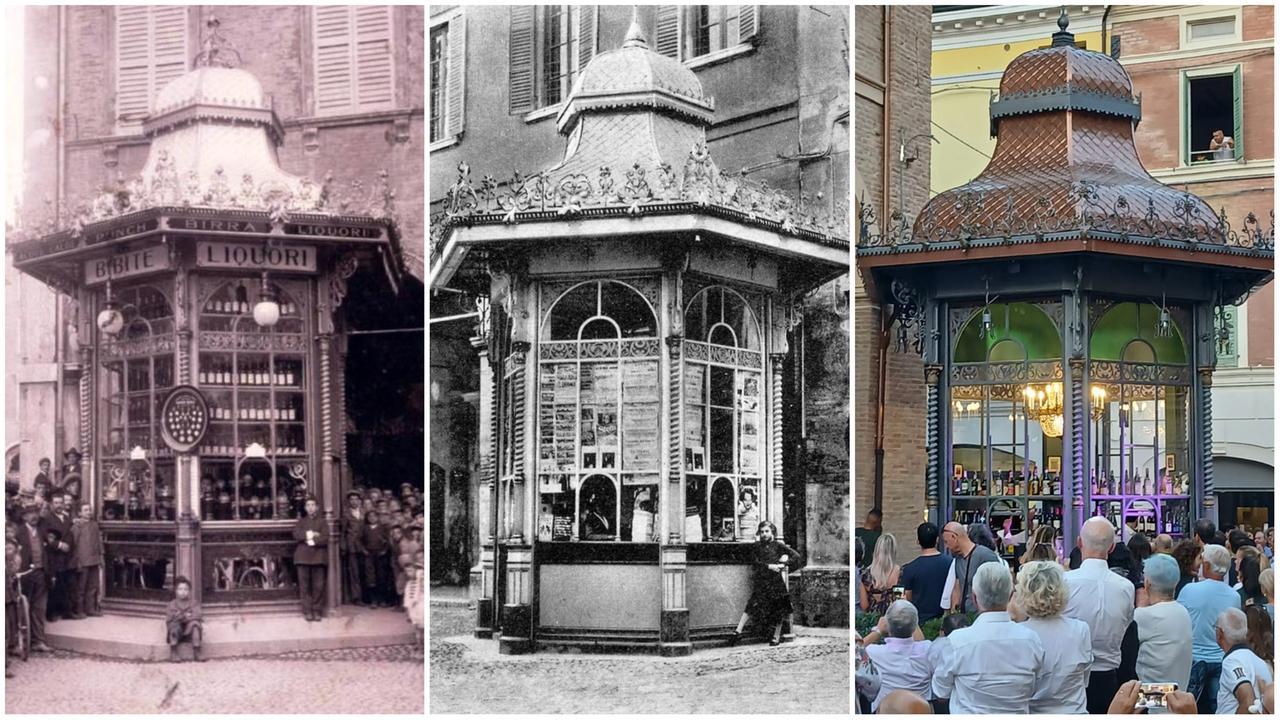 Il chiosco in piazza Grande a Modena (1908), in piazza Montanara a Mirandola (1934) e oggi