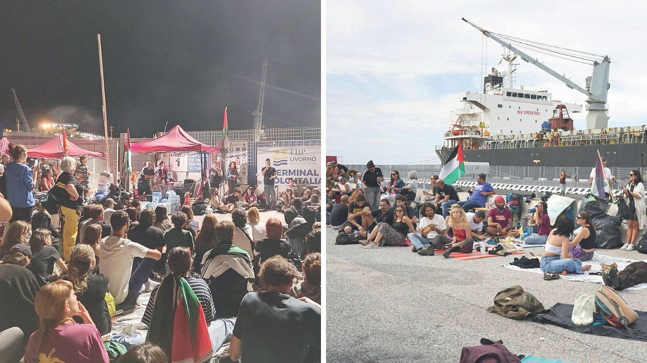 I manifestanti di notte al molo Italia, a dx il sit-in a oltranza (foto Stick)