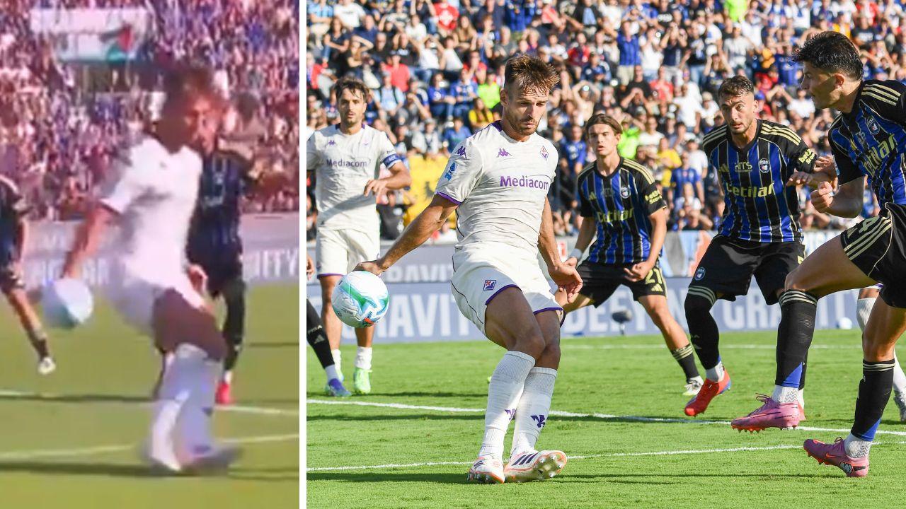 
	Il fallo di mano in area della Fiorentina (foto Stick)

