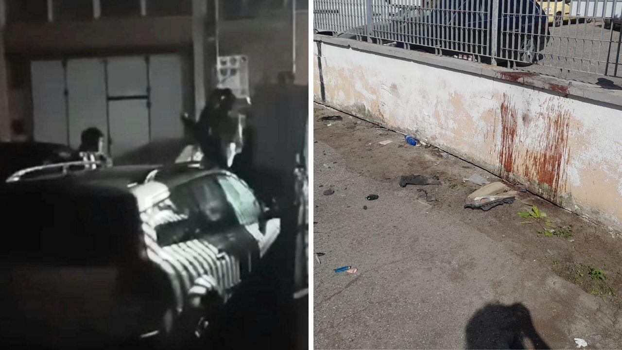 A sinistra l'auto sulla cancellata dopo l'investimento; a destra il muretto ancora sporco di sangue