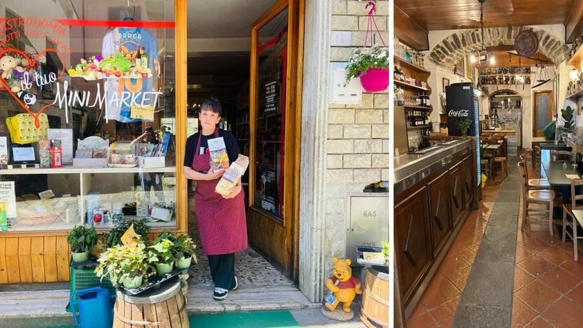 Dalida al mini market e a fianco il locale “da Aristo”