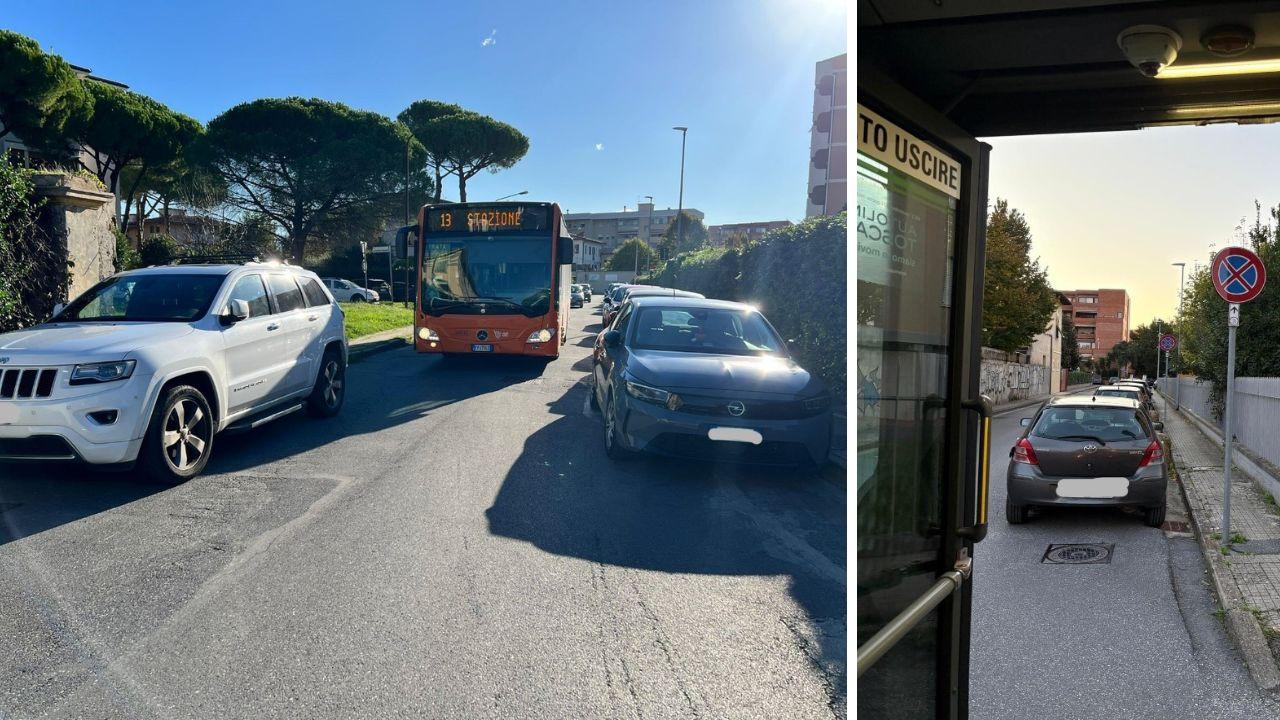 I due autobus bloccati dalle auto in divieto di sosta