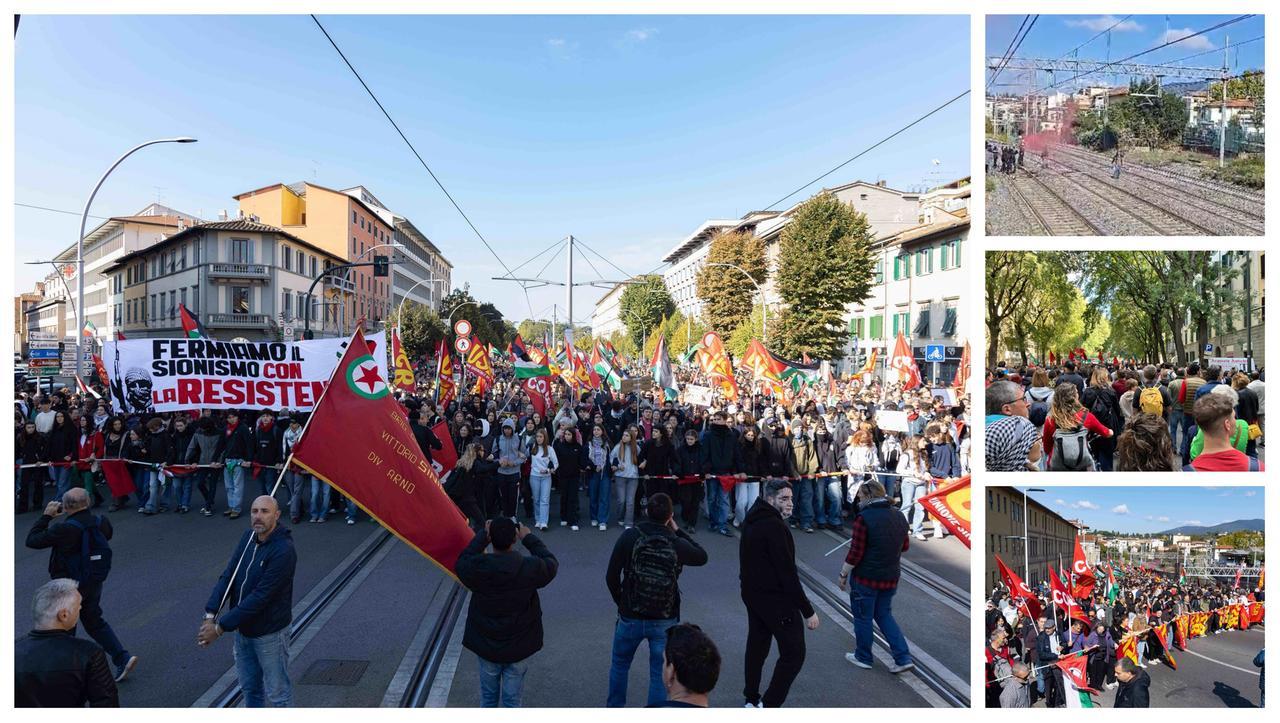 Firenze, corteo per Gaza. La Cgil: «100mila in piazza». Occupati i binari della ferrovia al cavalcavia delle Cure – Video