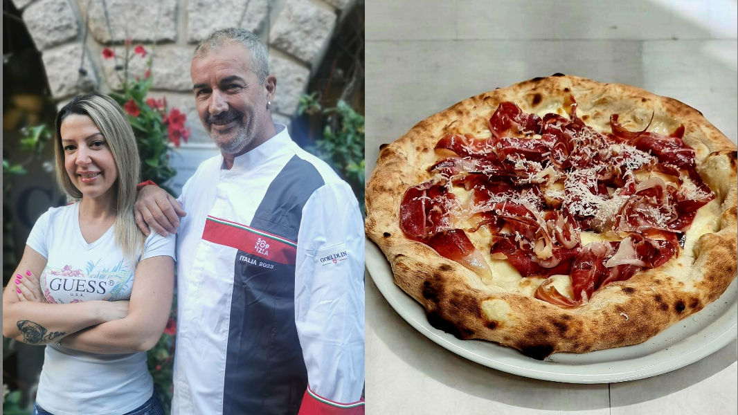 
	Da sinistra Claudia Manconi e Massimo Bosco e una creazione della pizzeria

