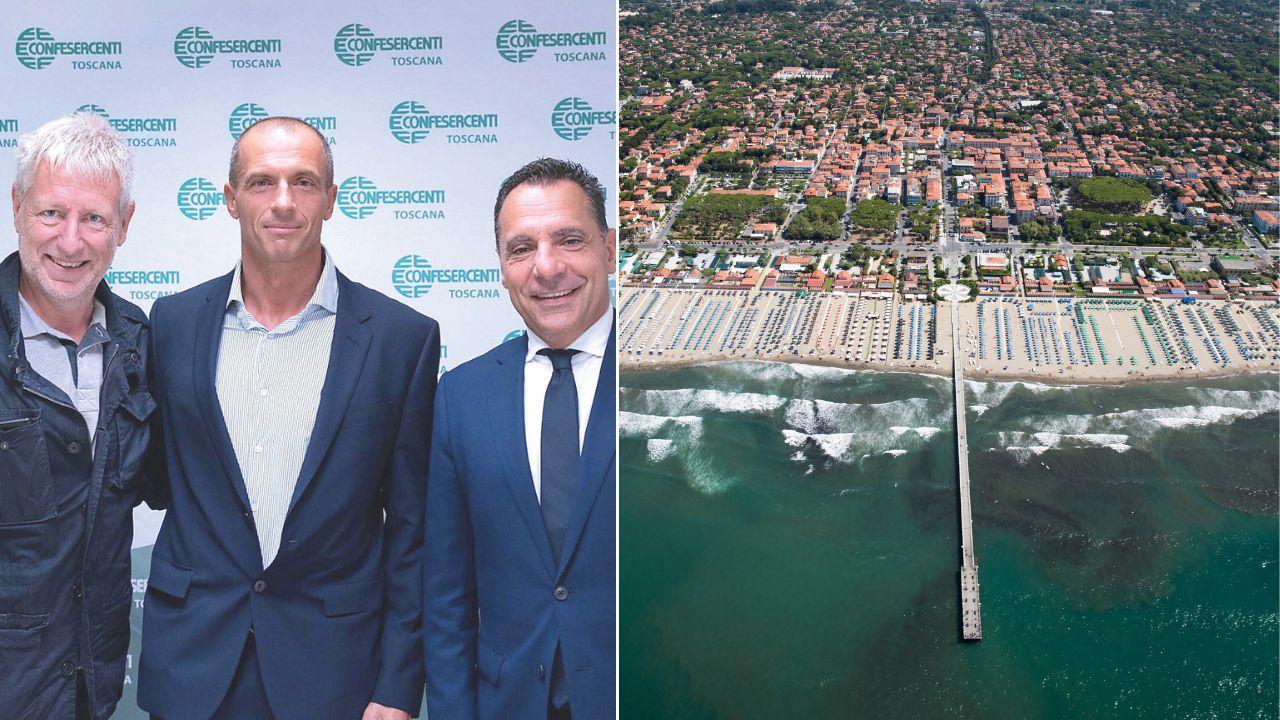 Francesco Giannerini (al centro) con Daniele Benvenuti (a sx) e Nico Gronchi. A dx una veduta di Forte dei Marmi