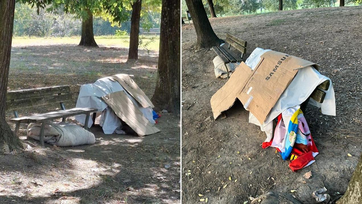 Il rifugio di cartoni di un senzatetto al parco Ferrari