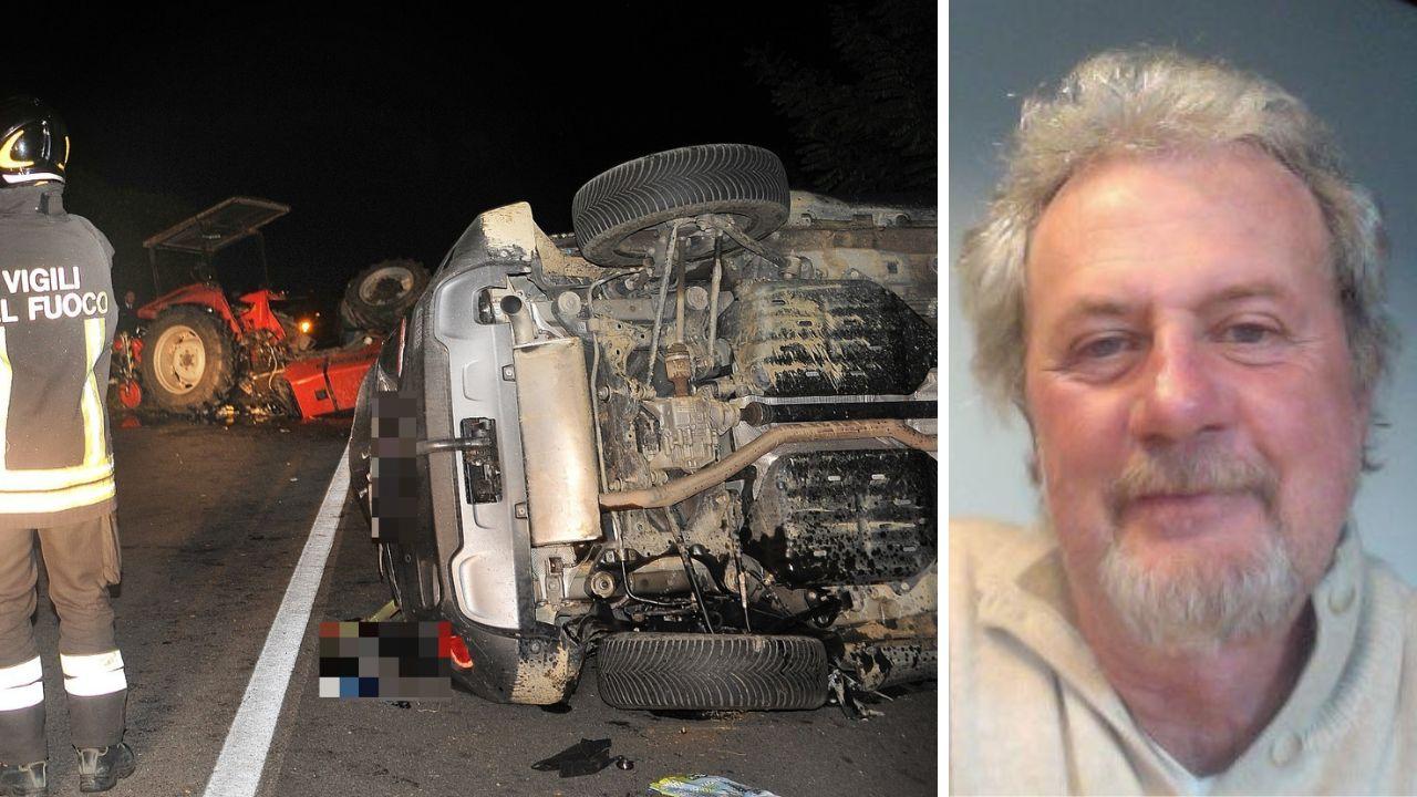 I mezzi coinvolti nell'incidente (foto Giancarlo Grassi) e la vittima, Oscar Contano in una foto di qualche anno fa