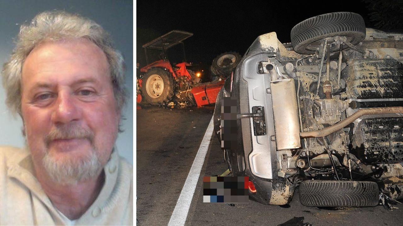 La vittima, Oscar Contano, e i mezzi coinvolti nell'incidente (foto Giancarlo Grassi)