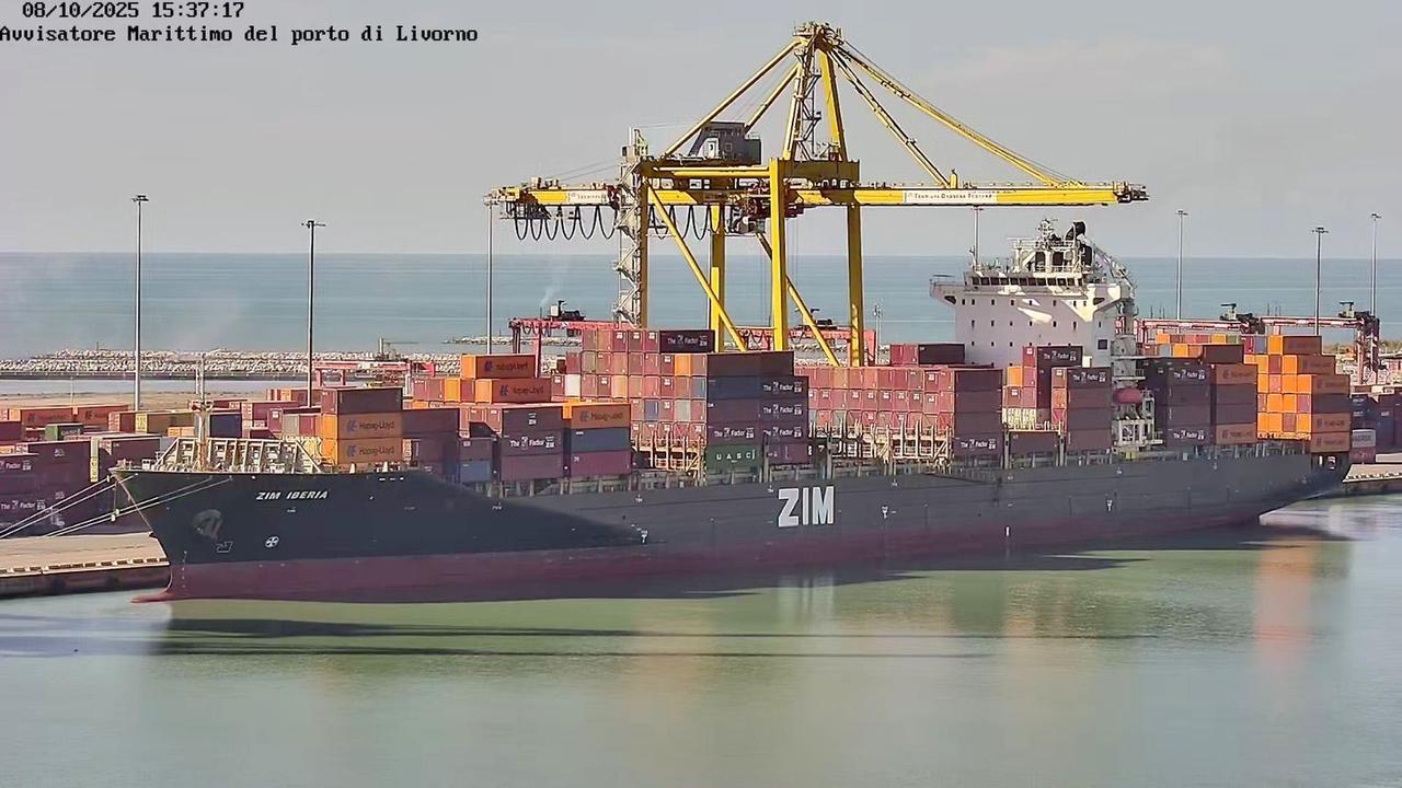 La "Zim Iberia" mentre scarica in Darsena Toscana