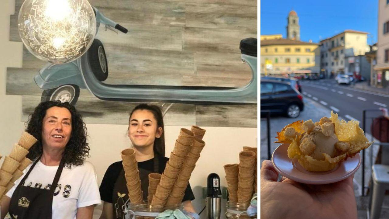 Madre e figlia in gelateria e a lato il nuovo gusto