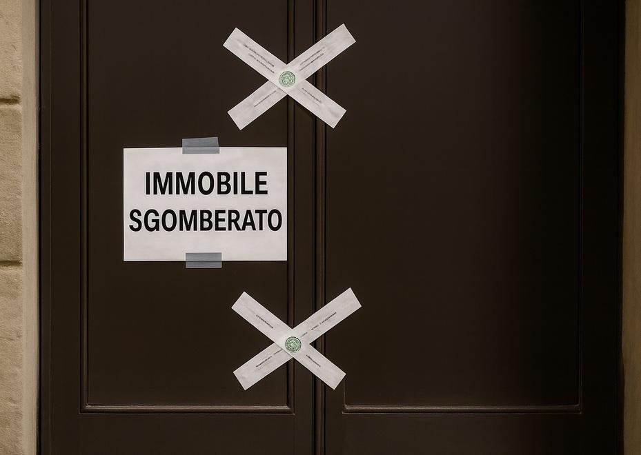 
	Portone sigillato con avviso di &ldquo;Esecuzioni immobiliari&rdquo;: immagine simbolica generata con intelligenza artificiale per illustrare il boom di sfratti in provincia di Lucca

