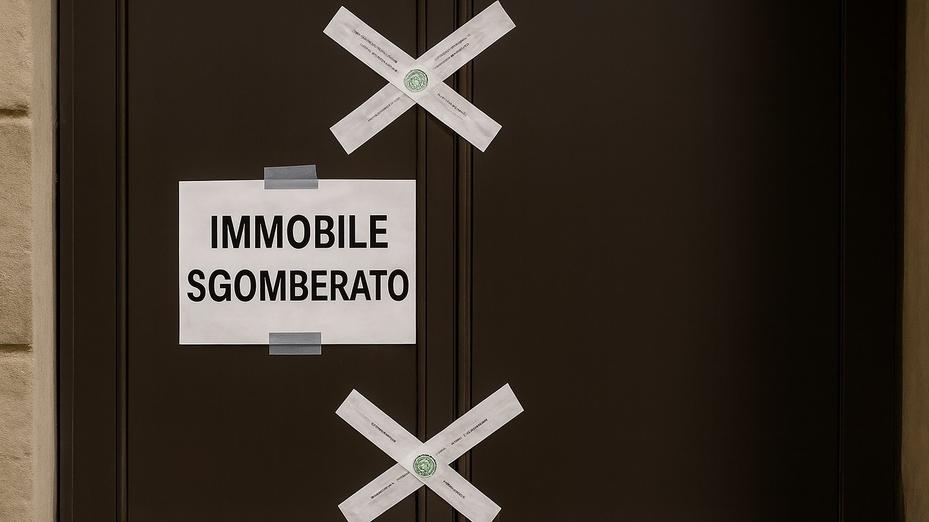 Portone sigillato con avviso di “Esecuzioni immobiliari”: immagine simbolica generata con intelligenza artificiale per illustrare il boom di sfratti in provincia di Lucca