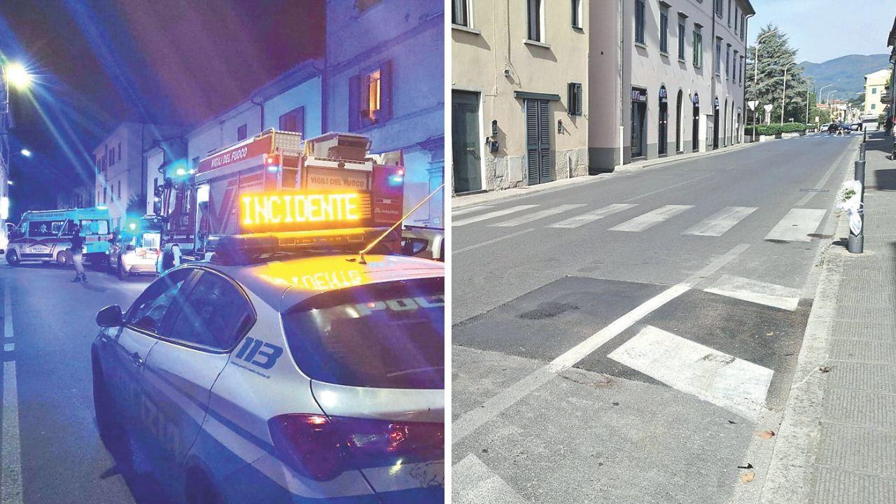 I soccorsi (foto Tvl) e il punto dell'incidente con dei fiori bianchi