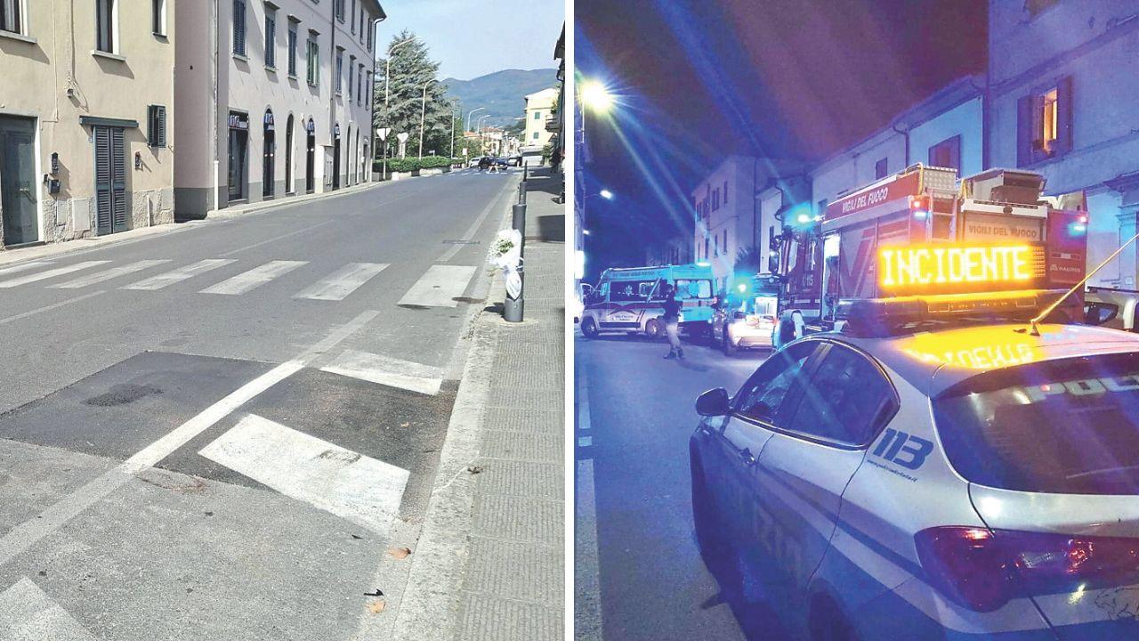 Un mazzo di fiori lasciato in via Dalmazia e i soccorsi sul luogo dell'incidente (foto Tvl)