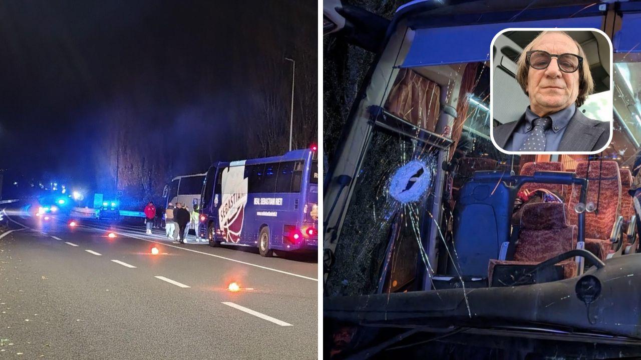 Raffaele Marianella nel riquadro; il vetro spaccato (foto concessa da Tvl) e il bus del Rieti