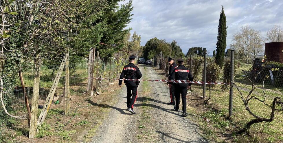 
	I carabinieri al podere di Vada in cui nel 2023 &egrave; stato ucciso Massimiliano Moneta

