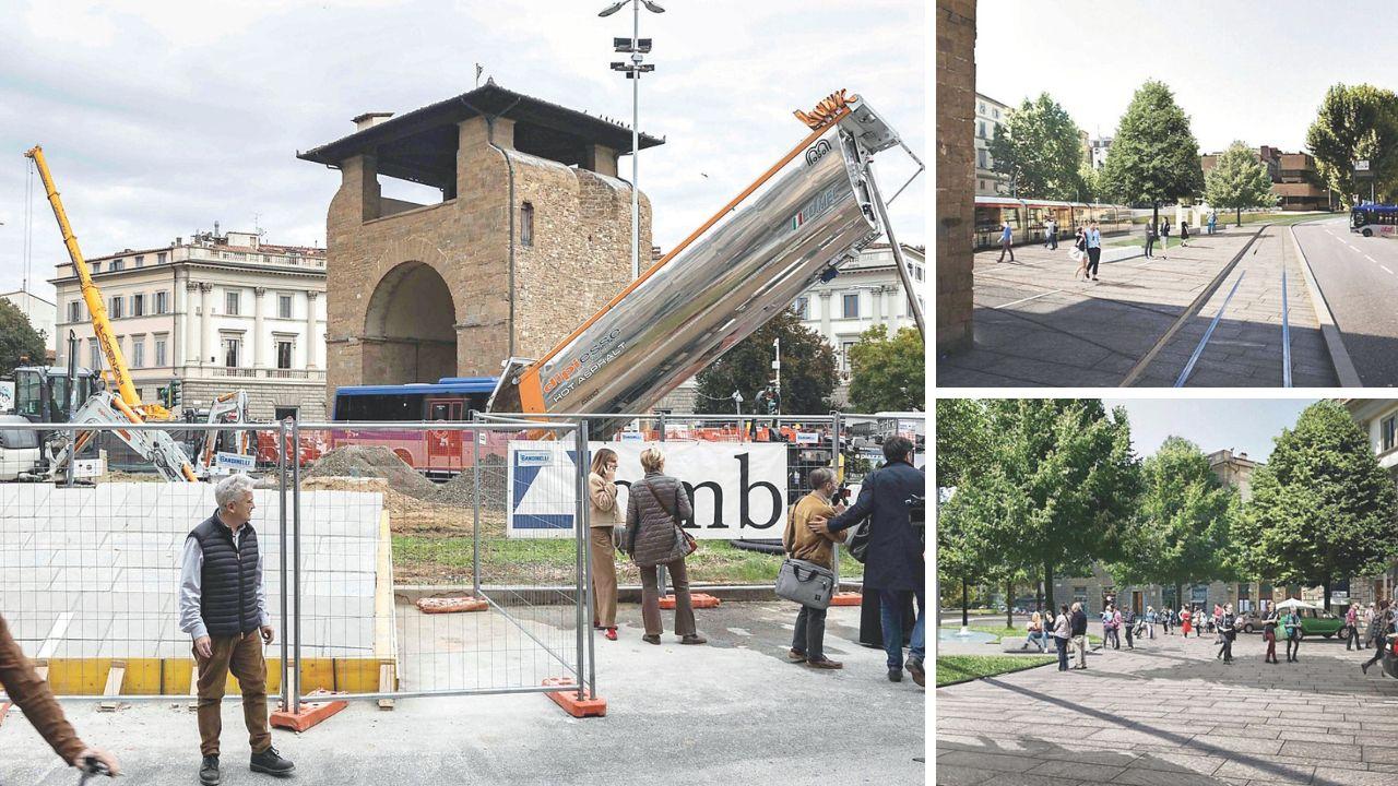 A sx i lavori in piazza Beccaria, a dx due rendering del progetto che mostrano come sarà la piazza
