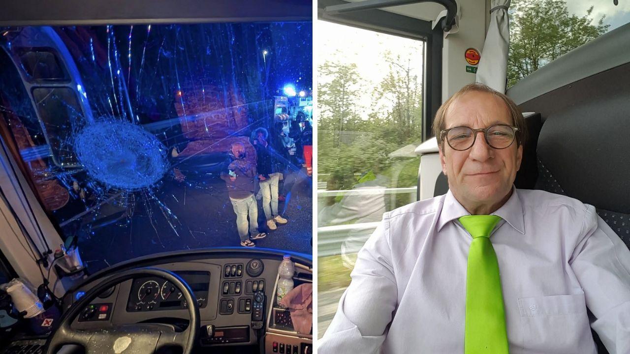 
	Il parabrezza sfondato e l'autista morto

