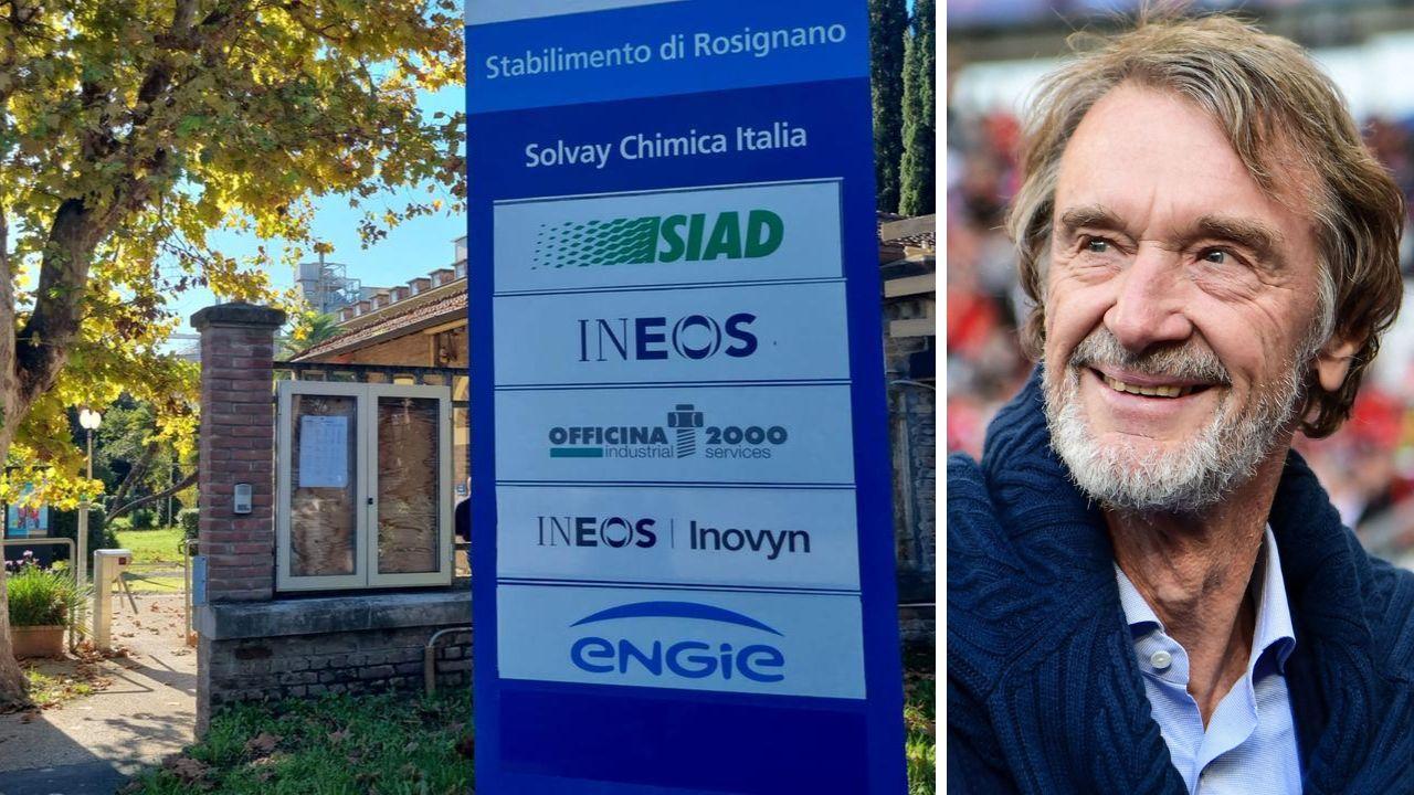 
	L'ingresso del parco industriale di Rosignano e&nbsp;Jim Ratcliffe fondatore e ceo di Ineos

