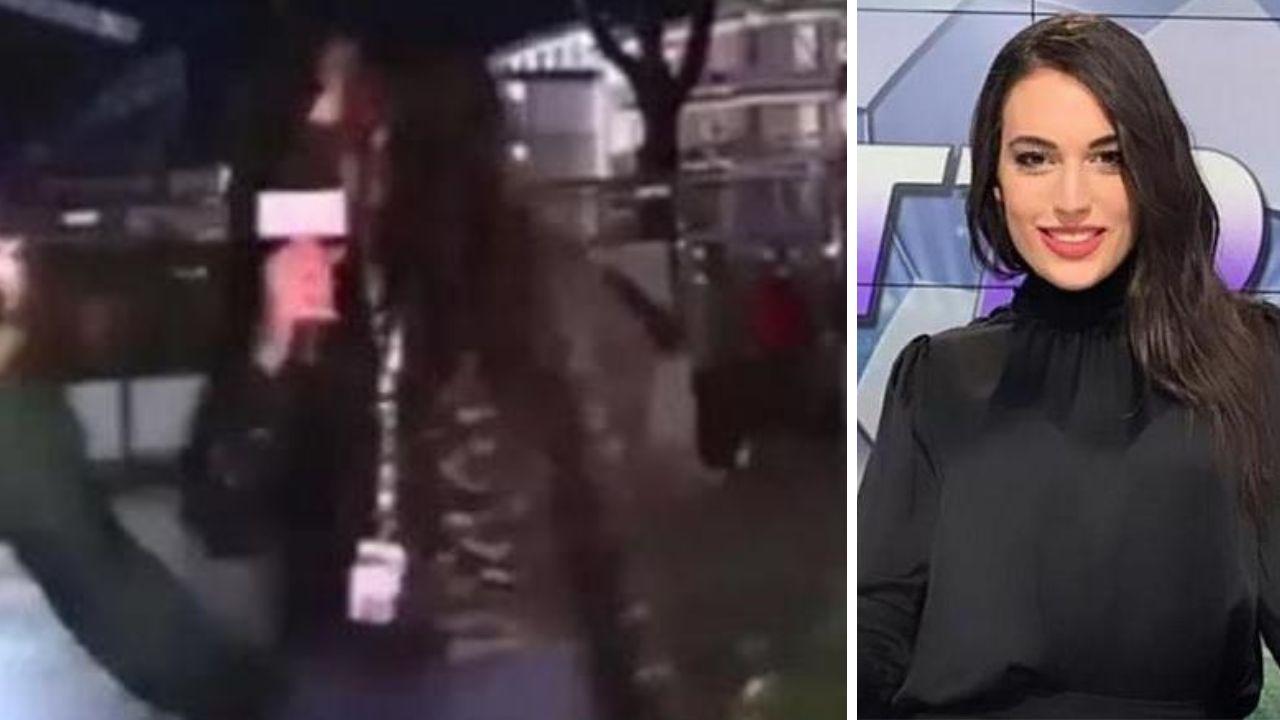 Un fermo immagine della diretta televisiva di Toscana Tv con la giornalista Greta Beccaglia (a dx) molestata da un tifoso
