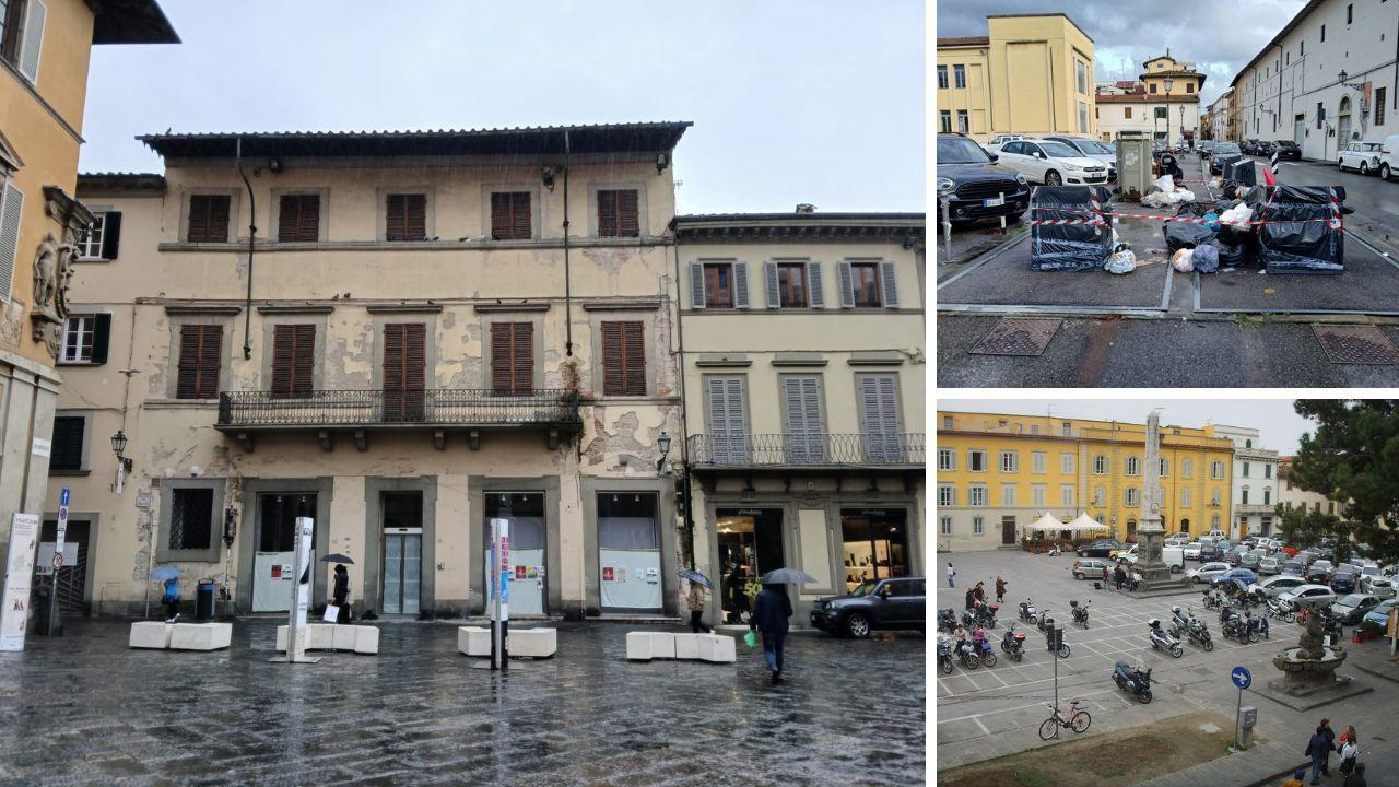 Da sx la facciata del palazzo in piazza del Comune, a dx in alto l'isola ecologica di via Santa Caterina e sotto l’obelisco di piazza San Francesco