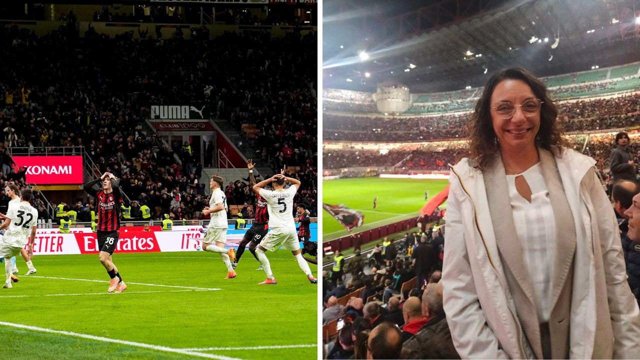 
	Un momento di Milan-Pisa (Lapresse) e la senatrice pisana Ylenia Zambito allo stadio di San Siro

