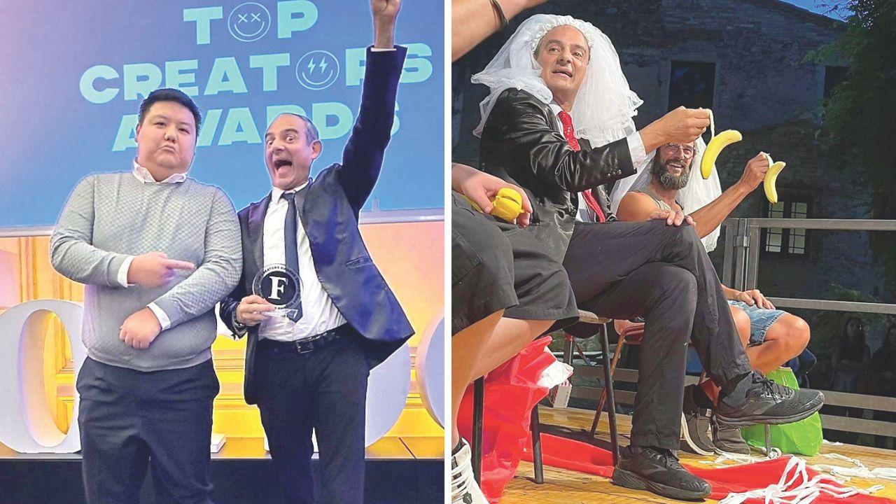 Arnaldo Mangini durante la premiazione e in uno dei suoi spettacoli