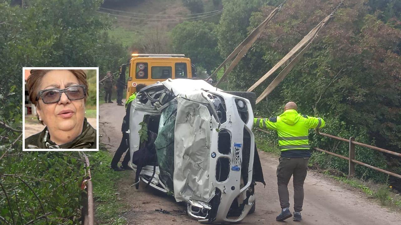 L'auto distrutta e nel riquadro Violante Dibeltulo