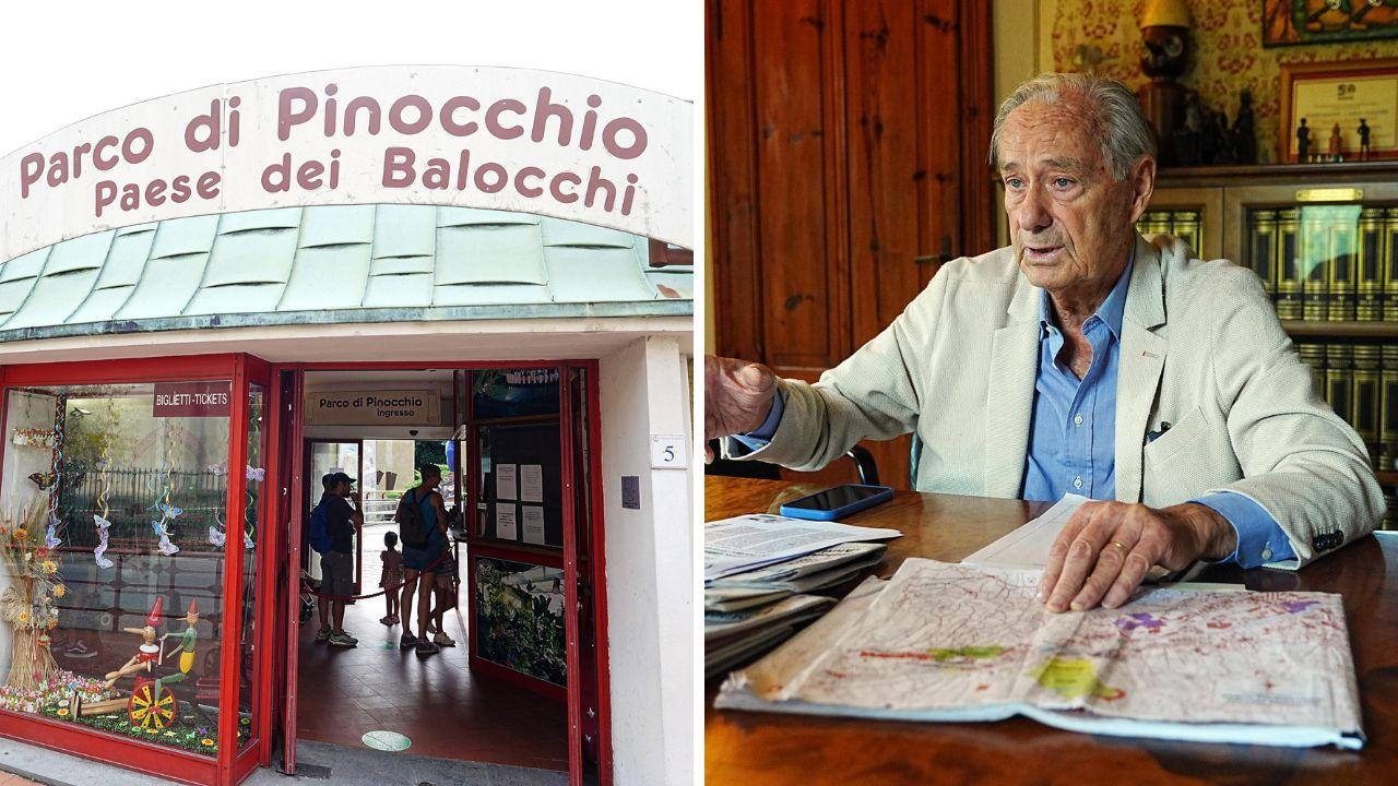 L’ingresso del Parco di Pinocchio e Pier Francesco Bernacchi, presidente in scadenza della Fondazione nazionale “Carlo Collodi” (foto Nucci)