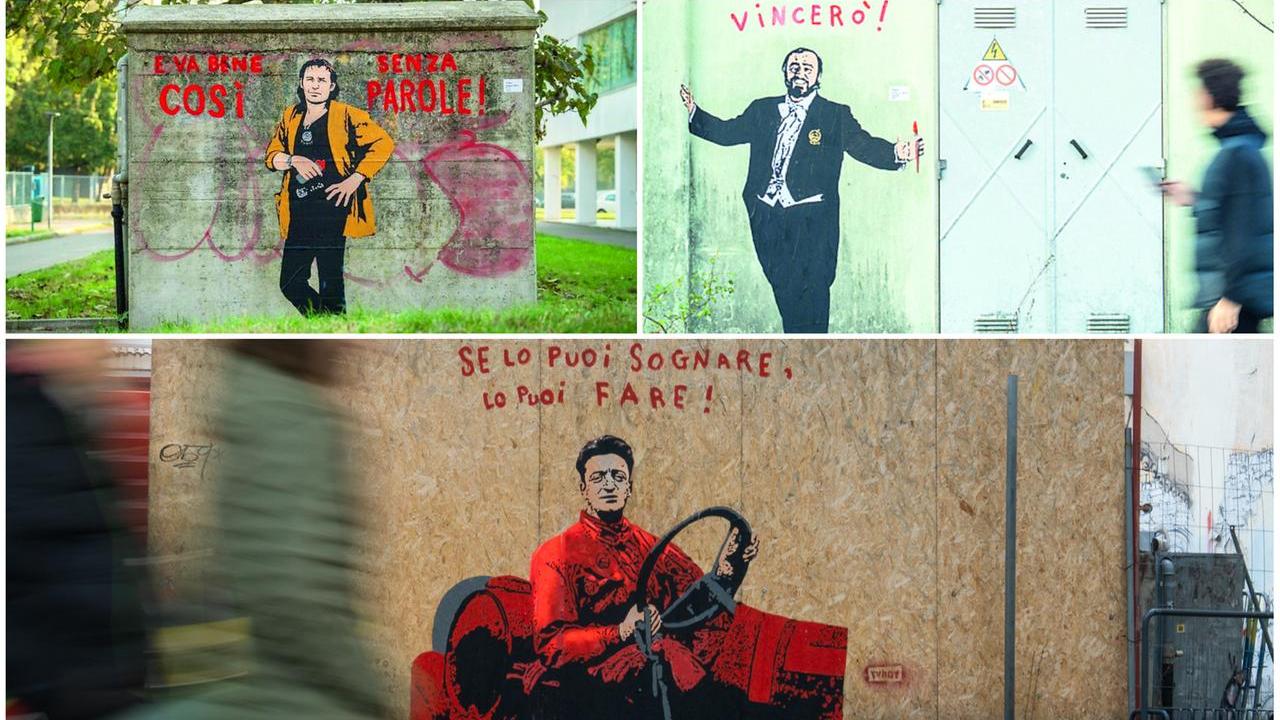Vasco, Pavarotti ed Enzo Ferrari: le opere di Tvboy, il “Banksy italiano”, a Modena