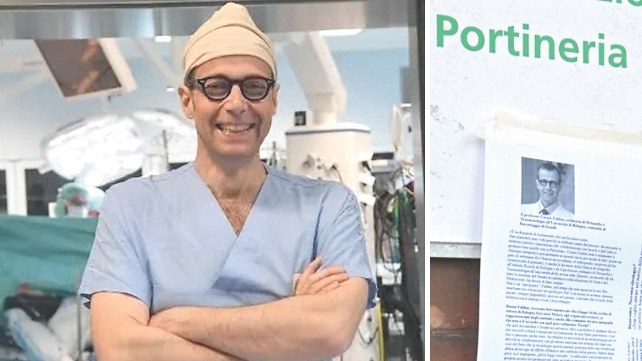 Il professor Cesare Faldini e uno dei volantini affisso all'entrata dell'istituto Rizzoli