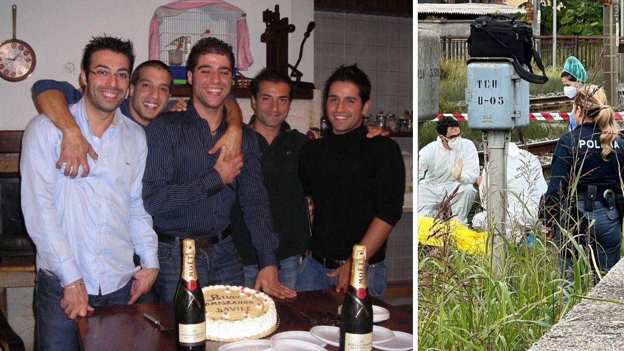 Davide Viola, al centro, circondato dai fratelli (Giuseppe, che ha fornito la foto, è il primo a sinistra); le indagini lungo i binari