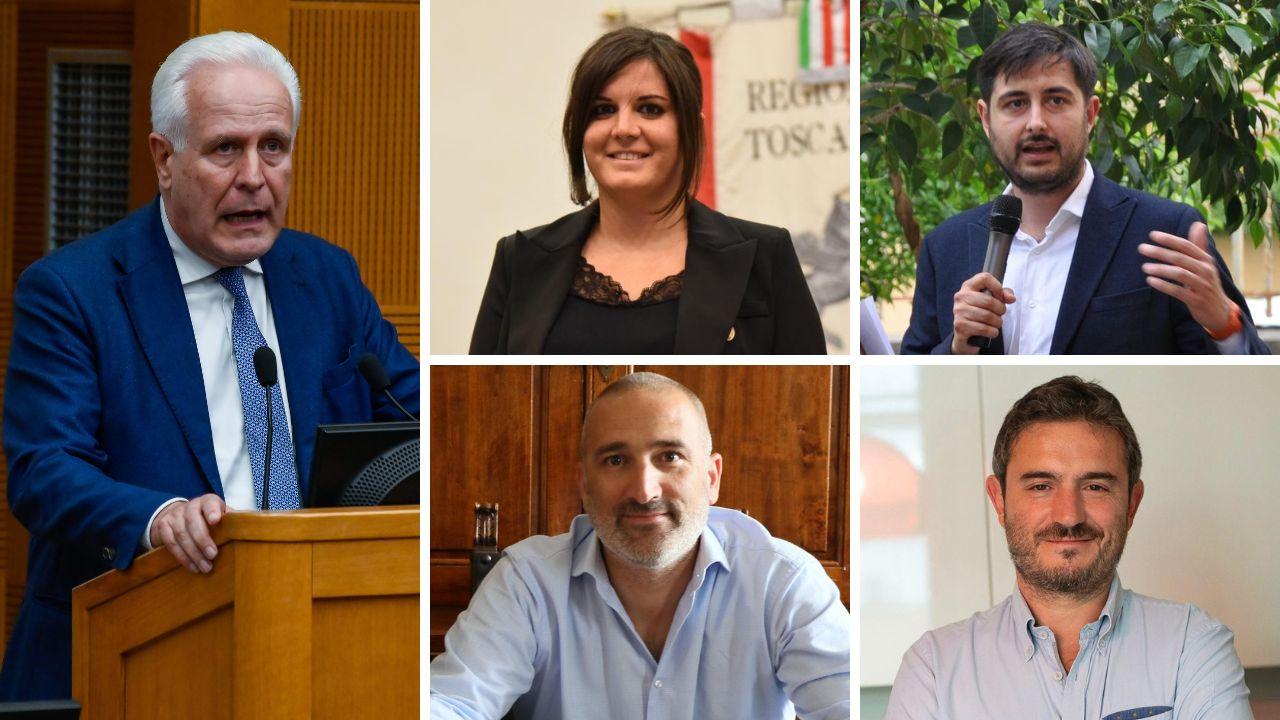 A sx il presidente Giani. Dall'alto in senso orario Alessandra Nardini, Matteo Trapani, Francesco Cecchetti e Massimiliano Ghimenti