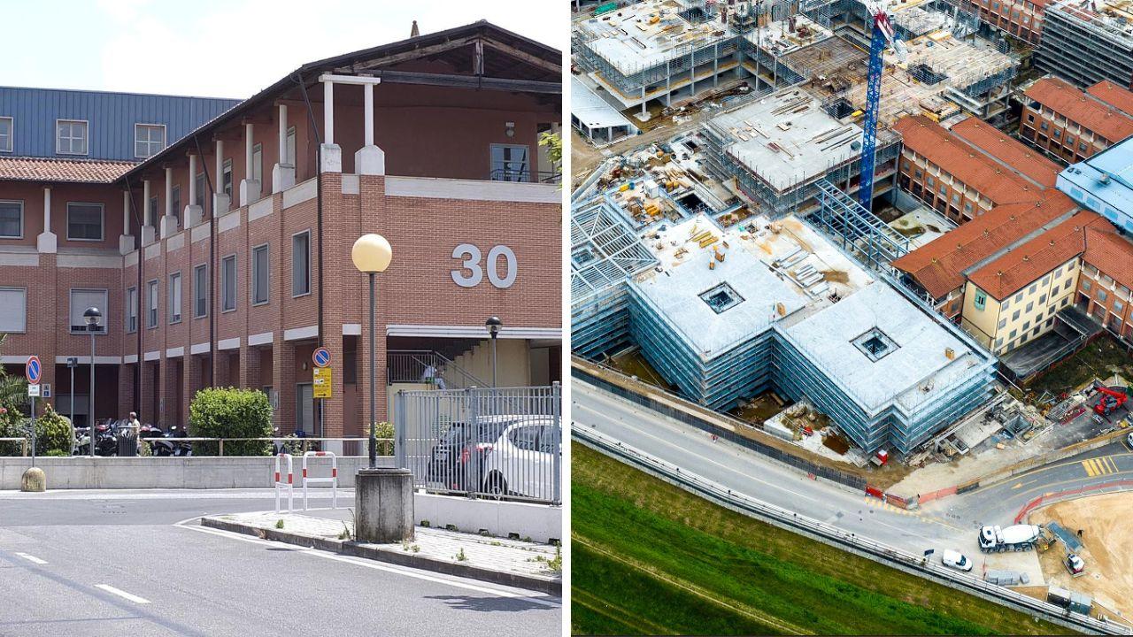 L'edificio 30 di Cisanello, a dx il cantiere del nuovo Santa Chiara