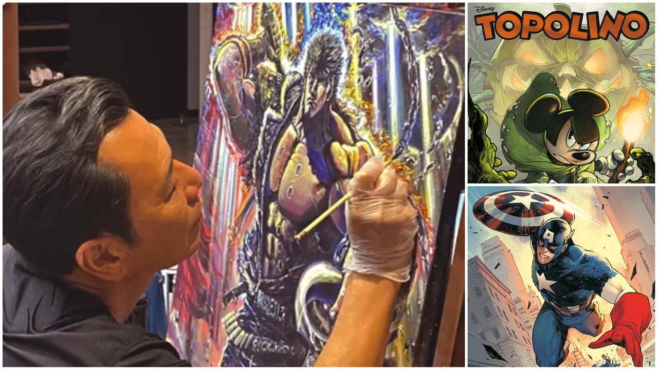 La tela di Ken realizzata da Tetsuo Hara, Topolino e Capitan America