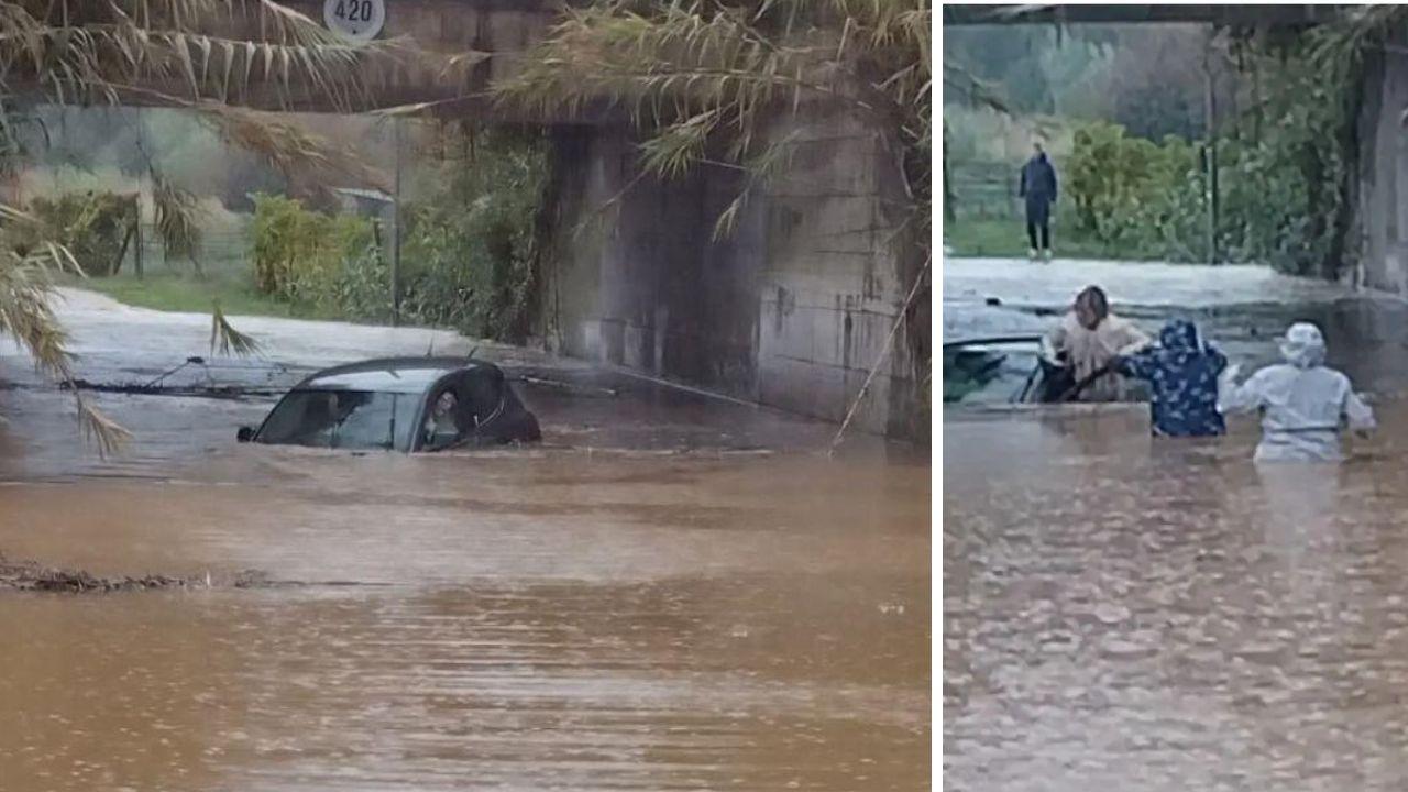 
	L'auto intrappolata e un momento del salvataggio

