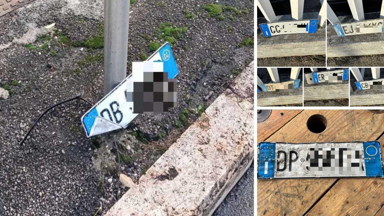 Alcune delle targhe delle auto rimaste a terra in varie zone di Grosseto dopo l’acquazzone