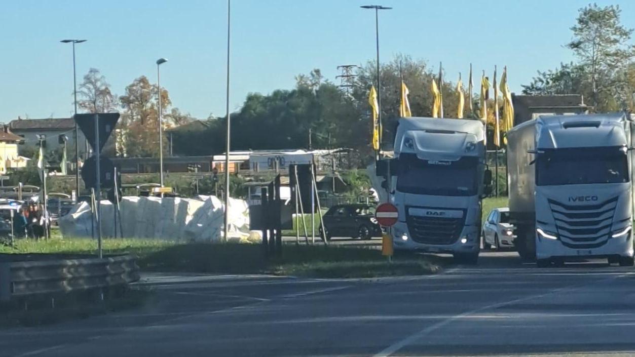 Il carico perso dal camion alla rotonda (foto G. Bertilacchi)