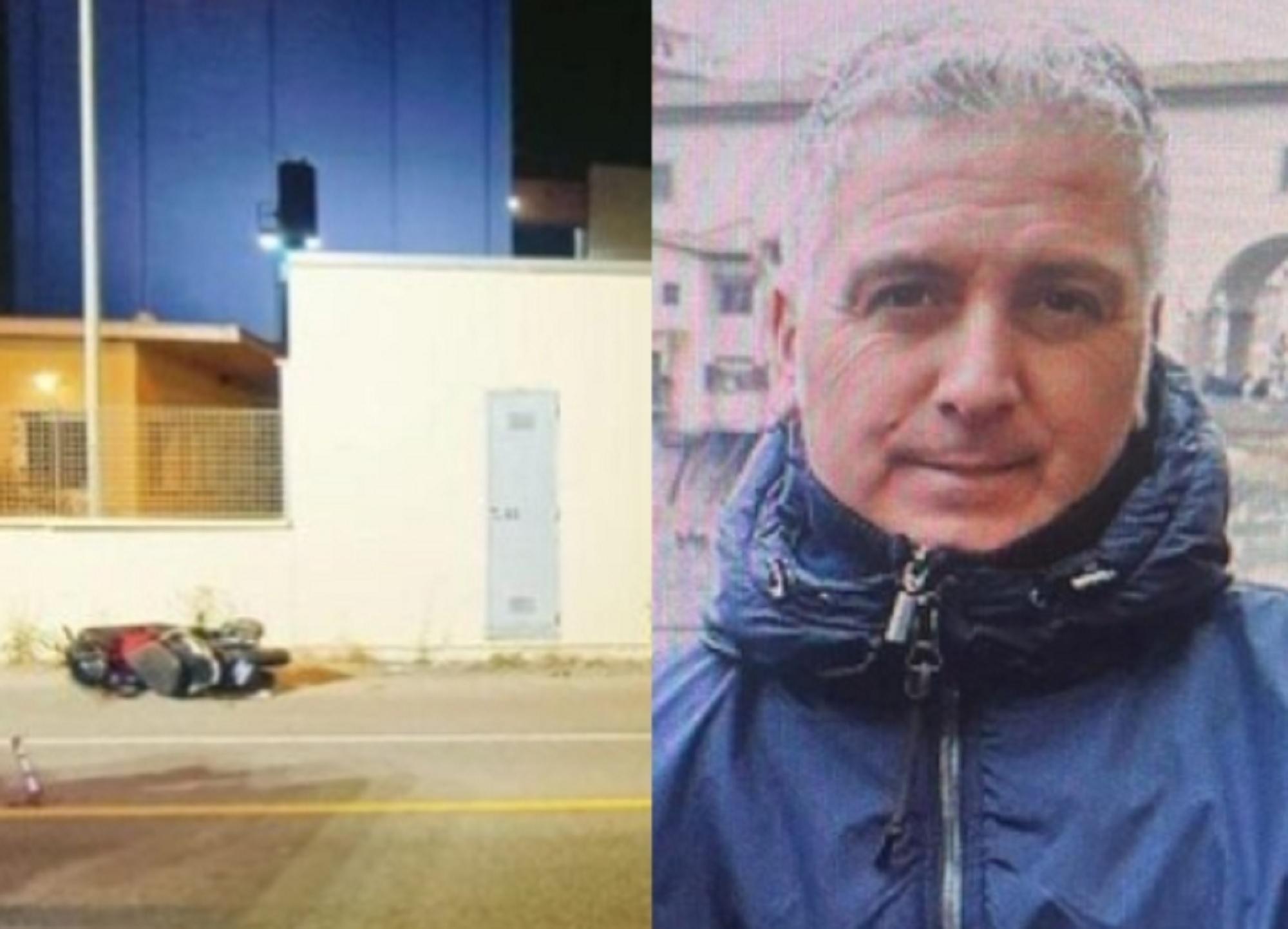 A sinistra il motorino guidato da Fabio Peluso dopo il tamponamento. A destra il 57enne deceduto